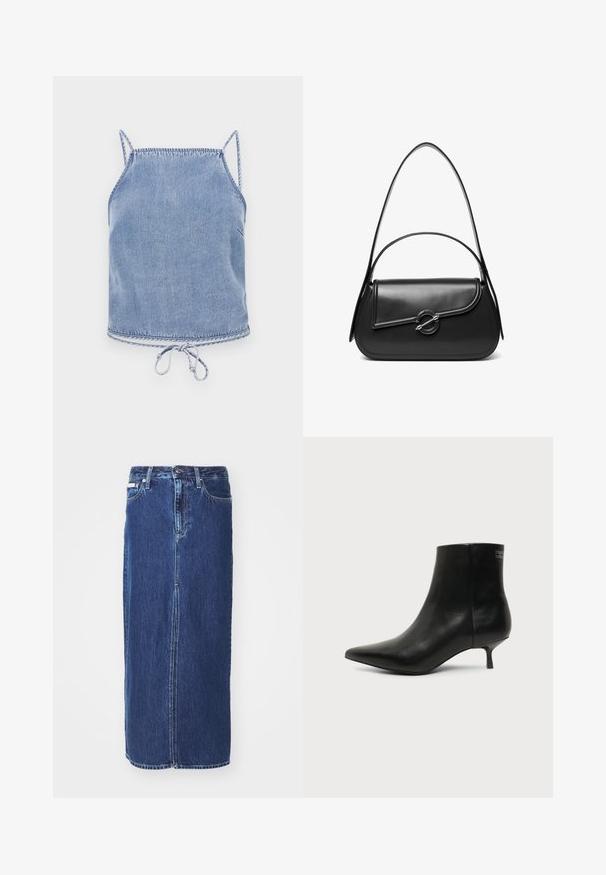 Un crop top en denim bleu clair avec des bretelles fines, une coupe décontractée et un ourlet à cordon de serrage. Présente des coutures contrastées le long des bords.; Jupe en denim bleu foncé, à mi-longueur, avec une fente avant, une taille traditionnelle et un design à cinq poches avec des coutures contrastées.; Bottine en cuir noir avec bout pointu et petit talon kitten sur fond clair, vue côté extérieur.; Sac à bandoulière en cuir noir avec un rabat incurvé fermé par un fermoir métallique rond et une sangle fine et ajustable.