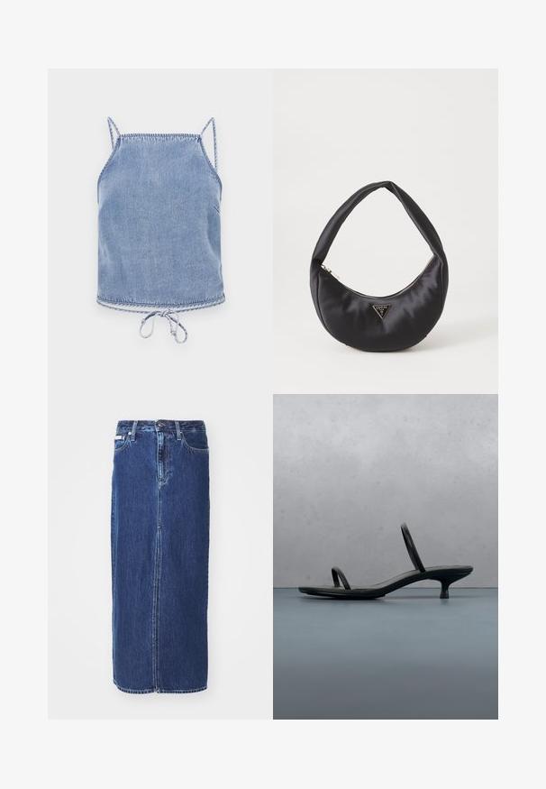 Lichtblauw denim crop top met dunne bandjes, een relaxte pasvorm en een trekkoord onderaan. Heeft contrasterende stiksels langs de randen.; Donkerblauwe denim rok tot op de knie, met een vooruitsnijding, traditionele tailleband en vijf zakken met contrasterende stiksels.; Zwarte Calvin Klein sandaal met hoge hak en dunne bandjes, in balans op houten tegels buiten, vlakbij een muur en groen.; Zwarte satin handtas met een gebogen vorm, voorzien van een ritssluiting en een driehoekig metalen logo aan de voorkant. Gladde textuur en een slank ontwerp.