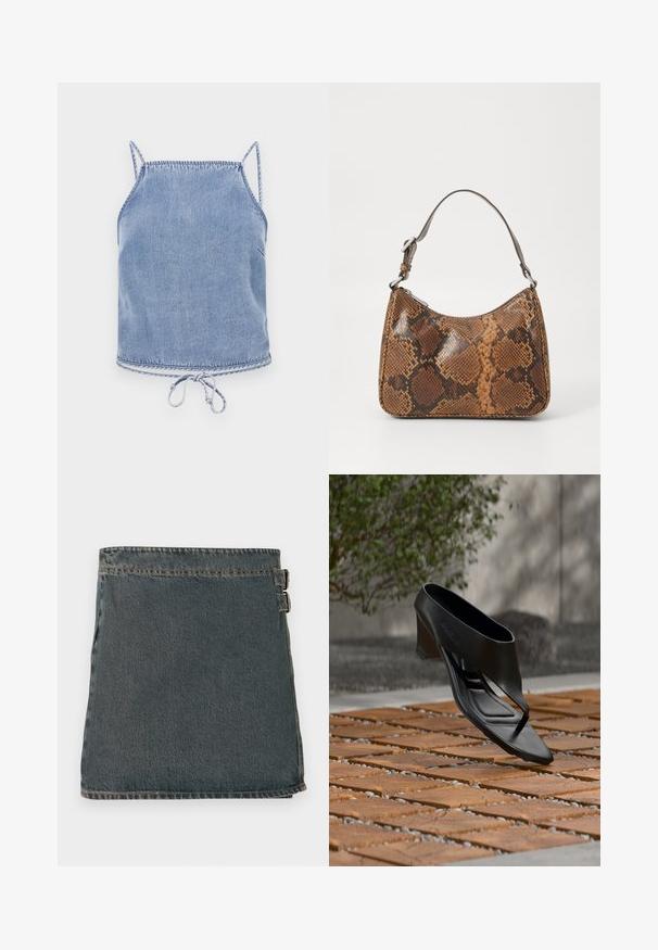 Un crop top en denim bleu clair avec des bretelles fines, une coupe décontractée et un ourlet à cordon de serrage. Présente des coutures contrastées le long des bords.; Jupe en denim bleu foncé avec une surface texturée, dotée de deux boucles latérales et d'un ourlet droit. Coutures visibles le long des bords.; Sandale noire à talon haut avec une lanière entre les orteils, flottant au-dessus d'une surface extérieure en bois et gravier à motifs, avec un arrière-plan flou de verdure et un mur.; Petit sac à main avec un motif en peau de serpent marron et noir, courroie courte et ajustable, et fermeture éclair.