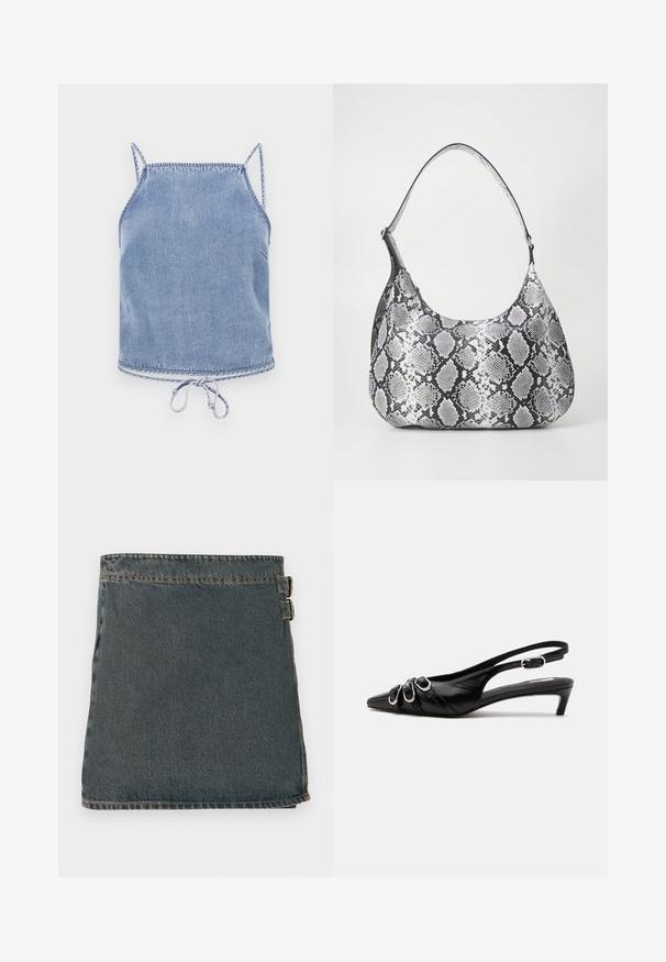 Lichtblauw denim crop top met dunne bandjes, een relaxte pasvorm en een trekkoord onderaan. Heeft contrasterende stiksels langs de randen.; Denim wikkelrok in donkerblauw met een gemarmerde oppervlakte, voorzien van twee zijgespen en een rechte zoom. Gestikte naden zichtbaar langs de randen.; Zwarte leren slingback schoen met puntige neus, drie zilveren gespen aan de voorkant en lage kittenhak op witte achtergrond.; Zwart-witte slangenprint schoudertas met een afgeronde vorm, een gladde textuur en een ronde strap. Voorzien van een zilveren hardwareaccent.