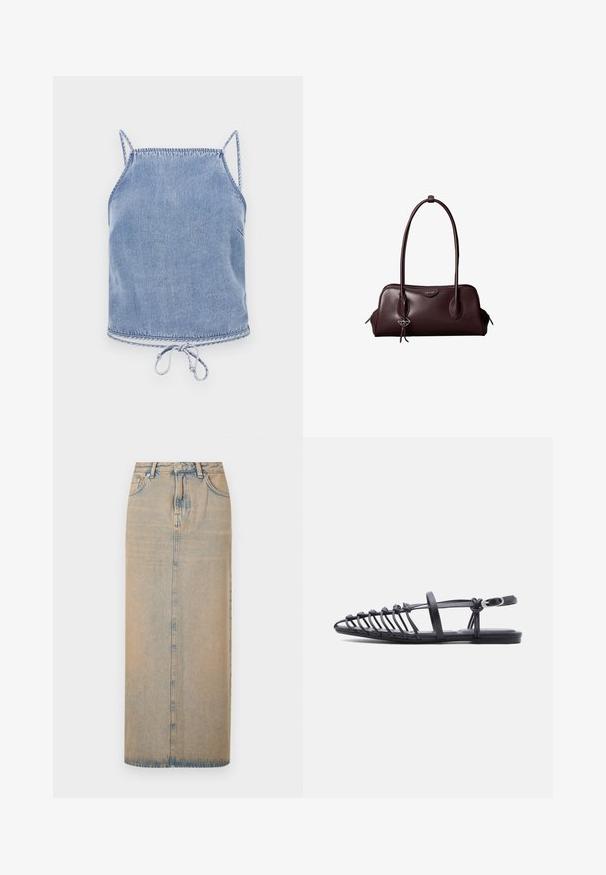 Lichtblauw denim crop top met dunne bandjes, een relaxte pasvorm en een trekkoord onderaan. Heeft contrasterende stiksels langs de randen.; Een lange denimrok in lichtblauw met een rechte snit. Heeft vijf zakken, riemlussen en een sluiting met knopen aan de voorkant. Vervaagde textuur overal.; Zwarte platte sandaal met meerdere dunne bandjes, een enkelfiguur met gesp en een open-toe kooi-ontwerp op een witte achtergrond.; Donkerbruine leren Calvin Klein handtas met lange dubbele handvatten en een kleine logo-sierhanger die aan één handvat hangt.
