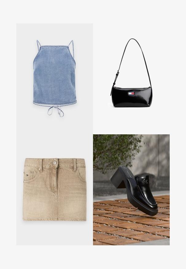 Lysblå denim crop top med tynde stropper, en afslappet pasform og en snøre i kanten. Har kontrastsyninger langs kanterne.; Beige denim mini skirt med en glat tekstur, der har forlommer, en knaplukning og diskrete stikninger.; Sort læder Calvin Klein slip-on mule med blokhæl, der hviler på trætøj udendørs nær en grøn plante og en grå væg.; Sort patenteret læder skuldertaske med en buet rem, lynlåslukning og et rektangulært logo patch i rød, hvid og blå.