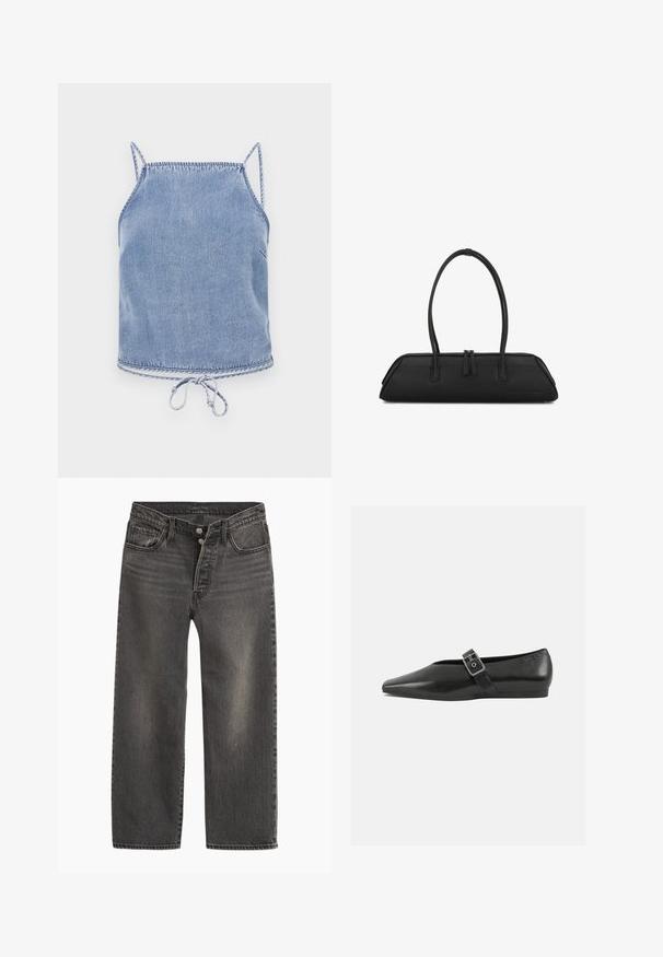 Un crop top en denim bleu clair avec des bretelles fines, une coupe décontractée et un ourlet à cordon de serrage. Présente des coutures contrastées le long des bords.; Jeans en denim noir avec une coupe droite, taille haute et braguette à boutons. Présente un léger effet délavé et des coutures contrastantes.; Chaussure plate en cuir noir avec un orteil pointu, présentant une sangle à boucle métallique sur le cou-de-pied et une semelle basse et flexible.; Sac à main rectangulaire noir étroit avec double poignée et fermeture éclair, forme structurée adaptée au transport de petits objets ou accessoires.