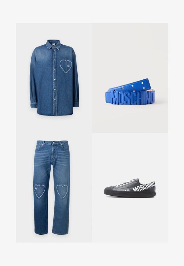 Chemise en denim bleu à manches longues avec une patte de boutonnage, un col et un patch en forme de cœur effiloché sur la poitrine gauche.; Jean en denim bleu à taille haute, jambes droites, avec des découpes en forme de cœur effilochées sur les deux genoux.; Baskets basses noires avec des lacets blancs et "MOSCHINO" imprimé en grandes lettres blanches sur le côté et le talon.; Ceinture en cuir bleu avec de grandes lettres en relief formant le mot "MOSCHINO" en bleu assorti sur le devant, présentée enroulée avec les trous visibles.