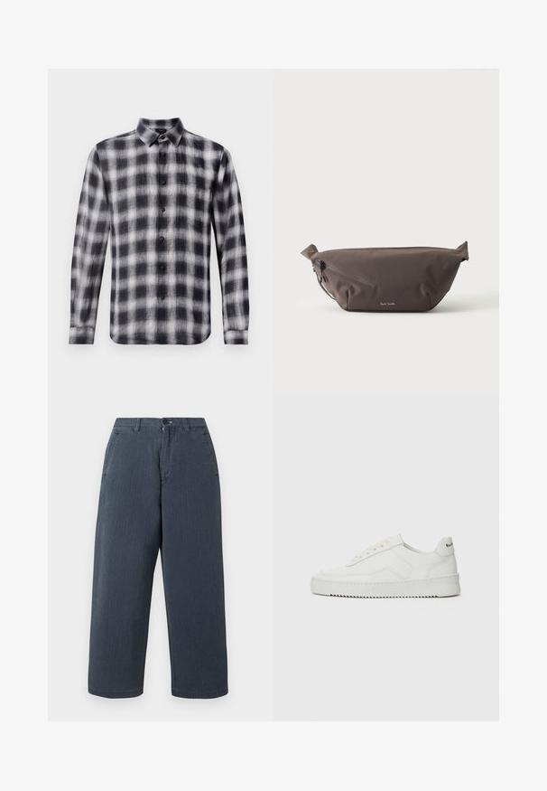 Chemise à carreaux en noir et blanc, à manches longues, avec col, fabriquée en tissu léger au toucher doux, avec des boutons noirs.; Pantalon large de couleur bleu marine en coton avec une finition texturée. Comprend des passants pour ceinture et des poches latérales. Coupe droite avec bords ourlés.; Baskets en cuir blanc avec une finition lisse, bout arrondi, lacets plats et semelle texturée. Présente un logo discret sur le talon.; Sac banane en tissu marron foncé avec poche zippée en diagonale et petit logo blanc sur le devant, sur un fond clair uni.