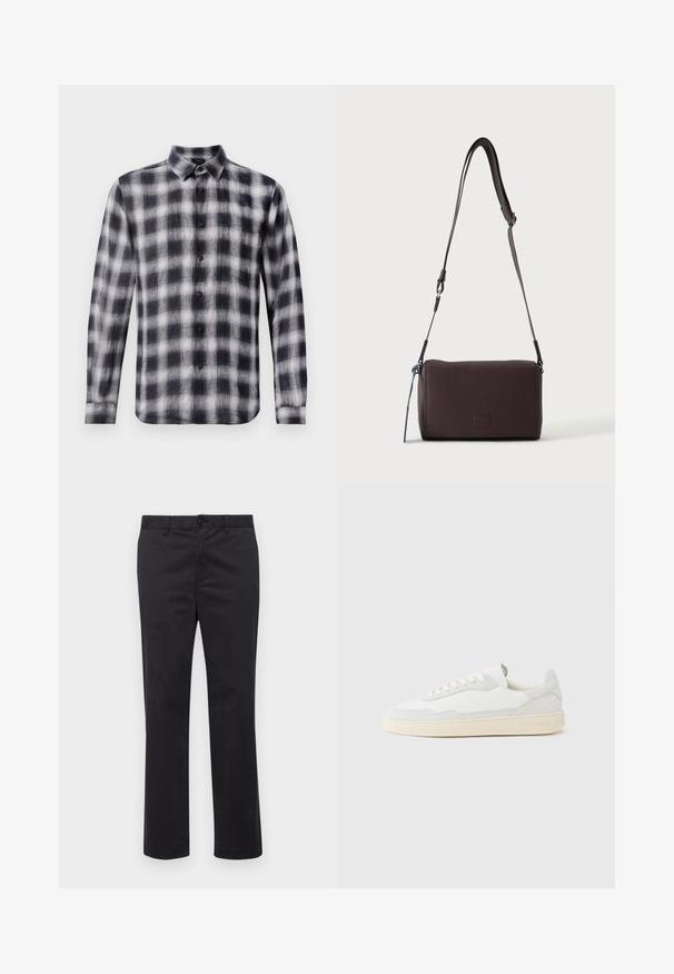 Chemise à carreaux en noir et blanc, à manches longues, avec col, fabriquée en tissu léger au toucher doux, avec des boutons noirs.; Pantalons en coton noir avec une coupe droite, dotés d'une fermeture à bouton et de passants de ceinture. Texture lisse, sans motifs ni accents visibles.; Baskets blanches avec dessus en daim et cuir texturé. Caractérisées par un bout arrondi, une fermeture à lacets et une semelle en caoutchouc beige contrastante.; Sac bandoulière en cuir marron foncé texturé avec une sangle réglable et un petit accent décoratif bleu sur le côté.