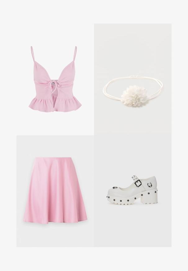 Haut rose clair avec texture côtelée, décolleté en V, bretelles réglables, et un devant froncé avec un ourlet en dentelle. Pas de matériel de fermeture visible.; Jupe rose longueur genou en ligne A avec un tissu lisse et de légères plis, présentée sur un fond blanc uni.; Chaussures à plateforme blanches avec un bout arrondi, sangle à boucle et clous ronds. Semelle texturée avec un léger talon et détail de quincaillerie décoratif.; Bandeau élastique blanc avec une décoration de fleur en tissu doux centrée sur un fond uni clair.