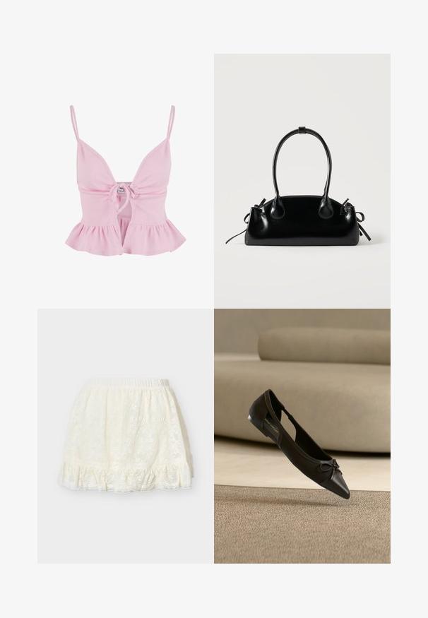 Haut rose clair avec texture côtelée, décolleté en V, bretelles réglables, et un devant froncé avec un ourlet en dentelle. Pas de matériel de fermeture visible.; Demi-jupon en dentelle couleur crème avec taille élastique et ourlet à volants, conçu pour être porté sous des jupes ou des robes.; Chaussure plate noire à bout pointu avec un petit détail nœud, montrée au-dessus d'un tapis beige et devant un canapé beige.; Petit sac à main noir brillant avec deux longues anses et des détails à cordon sur les côtés sur un fond clair uni.