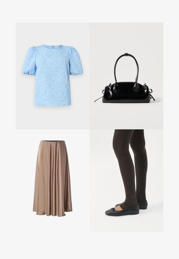 Blusa de manga corta azul claro con un patrón de bordado floral texturizado, escote redondo y mangas abullonadas voluminosas. Cierre de cremallera en la parte posterior.; Larga falda en línea A hecha de una tela suave y brillante en un color beige claro. Presenta una cintura elástica y un diseño drapeado y fluido.; Piernas con leggings oscuros acanalados combinados con bailarinas negras que presentan pequeños detalles de lazo sobre un fondo blanco.; Pequeño bolso negro brillante con dos asas largas y detalles de cordón lateral sobre un fondo claro liso.