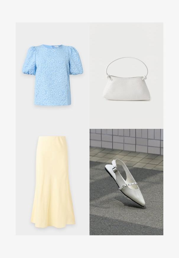 Blusa de manga corta azul claro con un patrón de bordado floral texturizado, escote redondo y mangas abullonadas voluminosas. Cierre de cremallera en la parte posterior.; Falda larga de color amarillo pálido con una ligera campana en la parte inferior, con una textura suave y una cintura elástica.; Zapato plano blanco con punta puntiaguda y diseño slingback con dos hebillas plateadas, mostrado al aire libre sobre un suelo texturizado y fondo de pared con azulejos.; Bolso de mano de cuero blanco tejido con asa redondeada y extremos de la correa anudados, exhibido sobre un fondo liso.