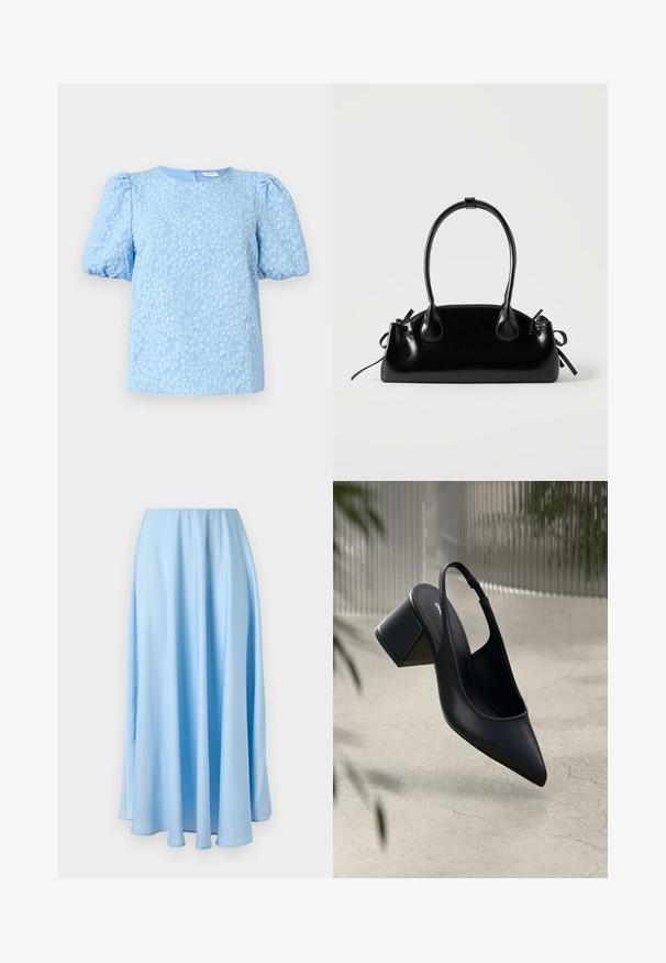 Blusa de manga corta azul claro con un patrón de bordado floral texturizado, escote redondo y mangas abullonadas voluminosas. Cierre de cremallera en la parte posterior.; Falda azul claro hasta el suelo, de talle alto, con pliegues suaves y una textura de tela fluida y lisa.; Zapato de tacón slingback de cuero negro con punta afilada y tacón cuadrado. Textura suave, diseño minimalista y correa ajustable en el tobillo.; Pequeño bolso negro brillante con dos asas largas y detalles de cordón lateral sobre un fondo claro liso.
