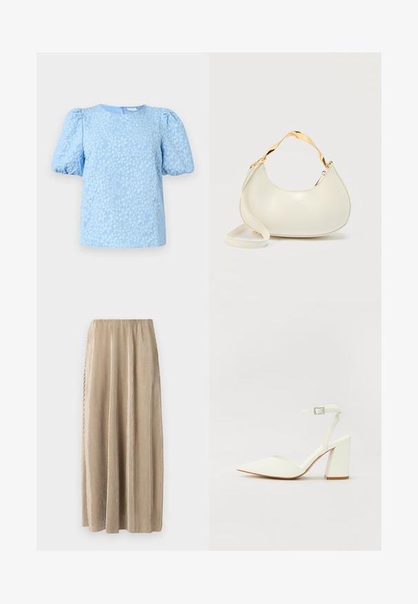 Lyseblå kortærmet bluse med et struktureret blomstermønster, rund halsudskæring og voluminøse puffærmer. Lynlås i ryggen.; Plisseret beige midi-skjørt med elastisk talje, der har lodrette striber og en flydende silhuet for nem bevægelse.; Hvide hælede sandaler med spids tå, justerbar ankelrem og en kraftig firkantet hæl. Glat tekstur med minimale syninger.; Kremfarvet håndtaske i halvmåneform med skinnende guld kort hank og matchende lang rem på en ensfarvet lys baggrund.