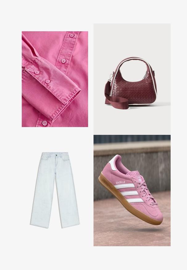 Chemise rose à manches longues avec des poignets boutonnés, présentant une texture lisse et des boutons assortis de couleur rose clair le long de la patte de boutonnage.; Jean bleu clair à jambes larges avec fermeture à boutons et fermeture éclair sur le devant, passants pour ceinture et style cinq poches, posé à plat sur un fond blanc.; Baskets en suede rose avec un design à trois bandes blanches et un logo. Présente une pointe texturée et une semelle en caoutchouc. Le nom du modèle "Gazelle" est affiché sur le côté.; Sac à main en cuir tressé marron foncé avec poignée courbée, garniture blanche, fermeture éclair argentée et bandoulière large en tissu amovible sur fond uni.