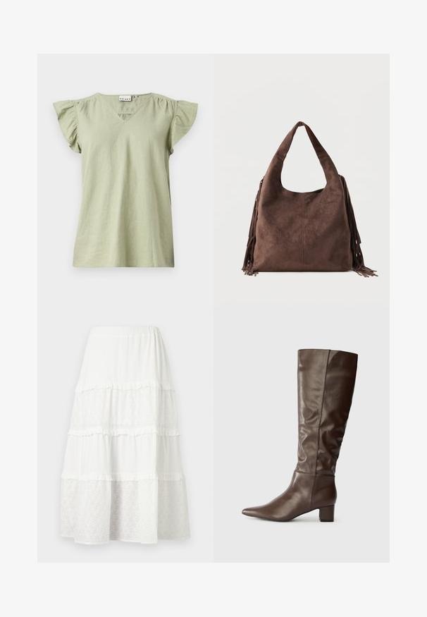Haut à manches courtes vert clair avec encolure en V, manches à volants froncées et coupe ample. Confectionné dans un tissu doux et léger.; Jupe midi blanche à volants avec panneaux alternés unis et en dentelle à œillets, avec un léger volant aux coutures.; Bottes en cuir marron arrivant au genou, avec un bout pointu et un talon carré. La tige présente une texture lisse et légèrement froncée.; Sac à bandoulière en daim marron avec une large sangle et de longues franges des deux côtés, présenté sur un fond clair uni.