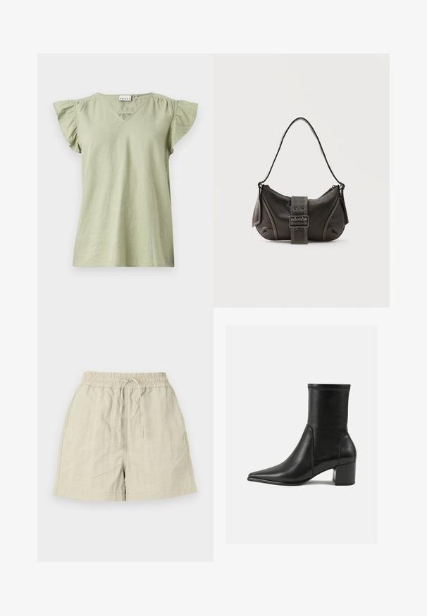 Haut à manches courtes vert clair avec encolure en V, manches à volants froncées et coupe ample. Confectionné dans un tissu doux et léger.; Shorts beige clair en tissu texturé avec une taille élastique et un cordon de serrage, dotés de poches latérales et d'une coupe décontractée.; Bottine noire en cuir lisse, avec un bout pointu, un talon carré et des coutures surélevées distinctes au bord supérieur.; Sac à épaule en cuir noir avec une sangle à boucle, des bords arrondis et des coutures blanches contrastées sur un fond uni.