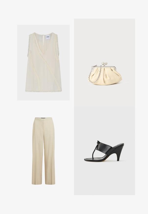 Blouse sans manches de couleur crème avec col en V, bordure diagonale subtile effilochée et petite fermeture par bouton dans le dos sous l’étiquette portant la mention DAY.; Pantalon beige à jambes larges en tissu lisse, doté d'une ceinture plate et de deux plis avant pour plus de structure.; Sandale noire à talon haut avec une large bride avant et une boucle d'orteil dotée d'un détail de corde nouée, vue de profil sur fond blanc.; Pochette en cuir beige plissé avec un cadre en métal argenté, dotée de deux fermoirs ronds décoratifs et d'une chaîne en argent.