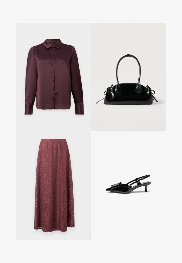 Bordeaux satijnen blouse met knopen, voorzien van een klassieke kraag, lange mouwen en een zachte textuur. Heeft een voorpand met bijpassende knopen.; Lange mauve kanten rok met bloem- en geometrische patronen, A-lijn silhouet en een gladde tailleband.; Zwarte gepatineerde lederen slingback hakken met een puntige neus, een strikdetail aan de voorkant en een kleine stilettohak. De bandjes hebben verstelbare gespen.; Kleine zwarte glanzende handtas met twee lange hengsels en zijkant trekkoord details op een effen lichte achtergrond.
