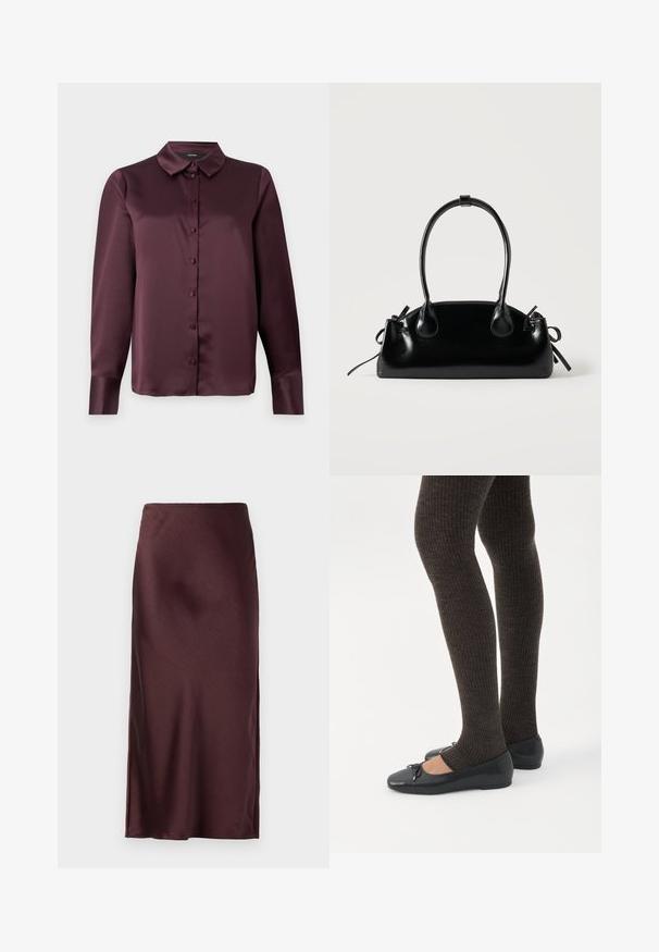 Bordeaux satijnen blouse met knopen, voorzien van een klassieke kraag, lange mouwen en een zachte textuur. Heeft een voorpand met bijpassende knopen.; Bordeaux satijnen maxi rok met een gladde textuur, hoge split aan één kant en een elastische tailleband. Eenvoudig, rechte lijn ontwerp.; Benen met donkere geribbelde leggings gecombineerd met zwarte ballerina's met kleine strikdetails op een witte achtergrond.; Kleine zwarte glanzende handtas met twee lange hengsels en zijkant trekkoord details op een effen lichte achtergrond.