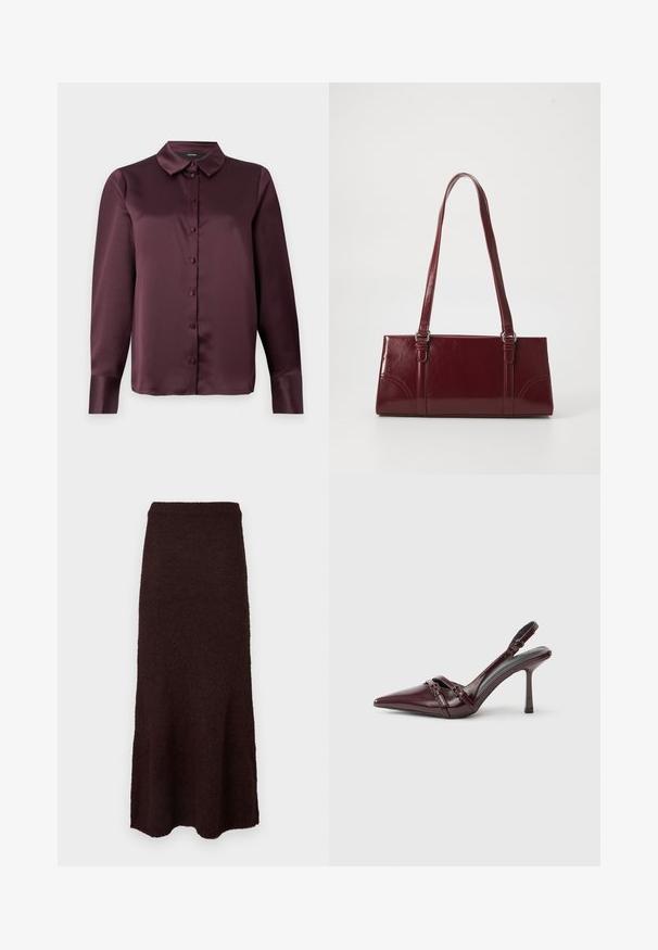 Bordeaux satijnen blouse met knopen, voorzien van een klassieke kraag, lange mouwen en een zachte textuur. Heeft een voorpand met bijpassende knopen.; Knielange donkerbruine gebreide rok met een rechte tailleband en een lichte fleur aan de zoom tegen een witte achtergrond.; Bordeauxrode lakleren slingback met puntige neus, dunne enkelband en kleine decoratieve gespsluiting. Gladde textuur en hoge hak.; Bourgondische handtas van glanzend materiaal, rechthoekige vorm, met twee schouderbanden en subtiele gebogen accenten aan de voorkant.