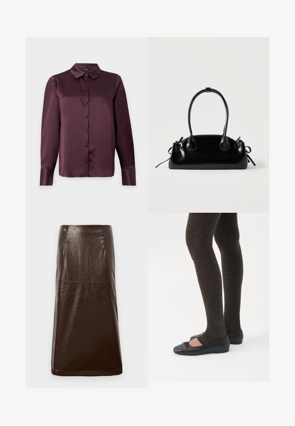 Bordeaux satijnen blouse met knopen, voorzien van een klassieke kraag, lange mouwen en een zachte textuur. Heeft een voorpand met bijpassende knopen.; Bruine leren rok met een gladde textuur, rechte silhouet en subtiele glans. Heeft een knie-lange snit en minimale stikdetails.; Benen met donkere geribbelde leggings gecombineerd met zwarte ballerina's met kleine strikdetails op een witte achtergrond.; Kleine zwarte glanzende handtas met twee lange hengsels en zijkant trekkoord details op een effen lichte achtergrond.
