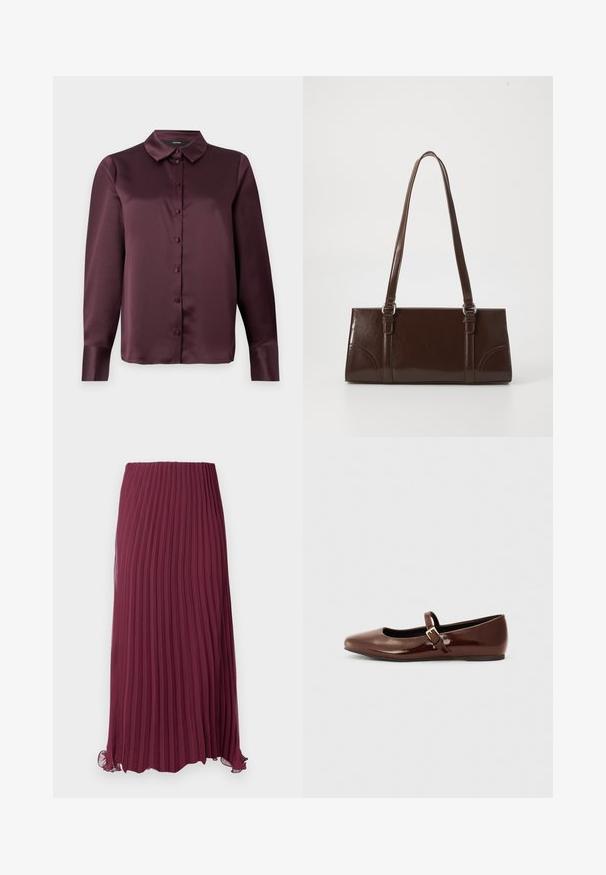 Bordeaux satijnen blouse met knopen, voorzien van een klassieke kraag, lange mouwen en een zachte textuur. Heeft een voorpand met bijpassende knopen.; Lange bordeauxrode geplooide rok van lichtgewicht stof met een elastische tailleband en een licht gerimpelde zoom. Geweven verticale plooien door de hele rok.; Bruine gepatineerde leren balletschoen met een vierkante neus en een bandje met een kleine gouden gesp. Gladde textuur, lage hak en minimalistisch ontwerp.; Bruine lakleren handtas met een rechthoekige vorm, twee lange handvatten en subtiele gebogen accenten aan de voorkant.