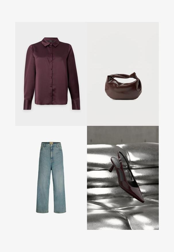 Bordeaux satijnen blouse met knopen, voorzien van een klassieke kraag, lange mouwen en een zachte textuur. Heeft een voorpand met bijpassende knopen.; Lichtblauwe, hooggesneden wijderechte jeans met knoopsluiting aan de voorkant, riemlussen en klassiek ontwerp met vijf zakken.; Glanzende donkerrode slingback pumps met hoge hak en puntige neus, gepresenteerd op een glanzend zilveren, getuft leren oppervlak.; Donkerbruine leren schoudertas met een zachte, slungelige vorm en een gedraaide knoopvormige handgreep op een effen witte achtergrond.