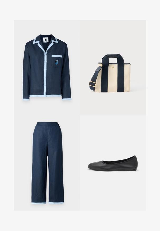 Marineblauwe linnen shirt met lichtblauwe kraag en zakafwerking. Beschikt over een borstzak met een geborduurd ontwerp. Knopen aan de voorkant.; Navy wijde benen broek van linnen, met een elastische tailleband en contrasterende lichtblauwe afwerking aan de onderkant. Glad textuur.; Zwarte leren ballerina met een ronde neus, gladde textuur, minimale stikdetails en een flexibele zoolontwerp.; Kleine beige canvas draagtas met twee brede zwarte verticale banden, een kort handvat en een verstelbare schouderriem met een gouden gesp.