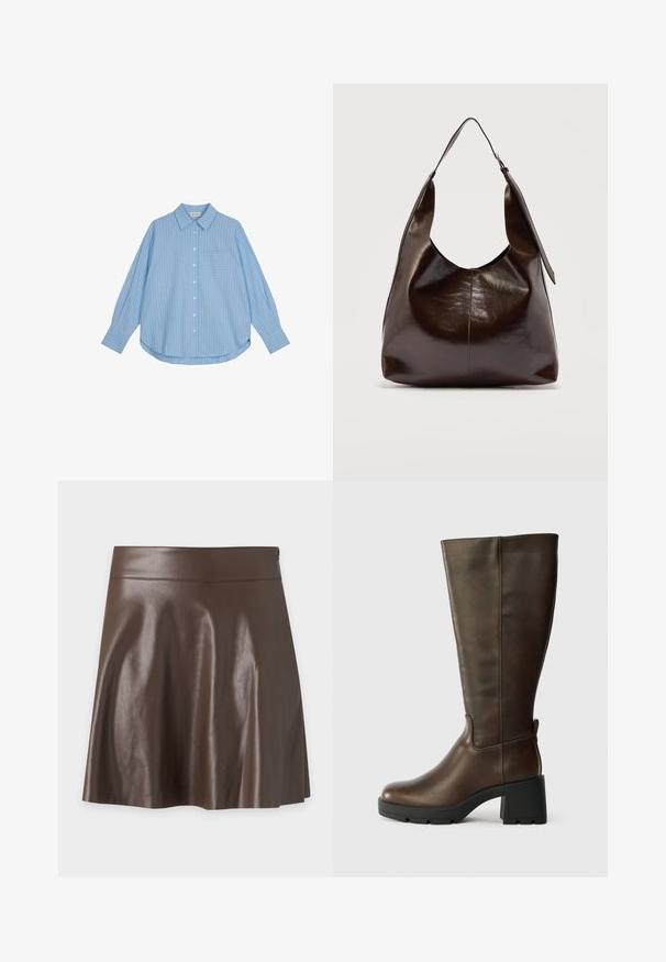 Camisa de botones azul claro con rayas verticales blancas, de mangas largas, un ajuste holgado y un bolsillo en el pecho. La tela parece suave y lisa.; Falda en línea A de cuero sintético marrón oscuro con una cintura alta y una textura lisa y ligeramente brillante.; Bota de cuero marrón hasta la rodilla con un tacón grueso negro y un acabado texturizado. Presenta una punta redonda y un discreto detalle de costura lateral.; Bolso de hombro de cuero marrón oscuro brillante con una sola correa ancha y detalle de hebilla en un lado, colocado sobre un fondo claro y sencillo.