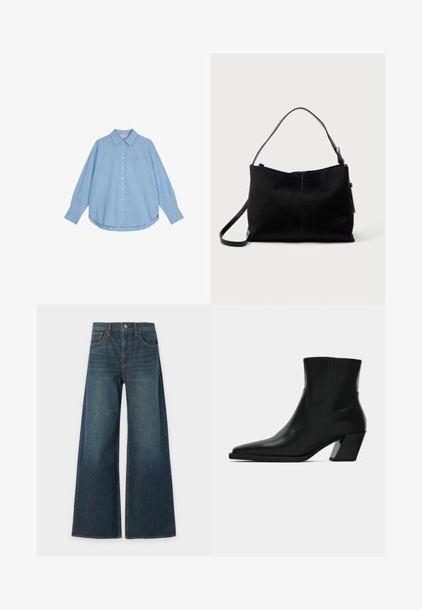 Lyseblå skjorte med lange ærmer, hvide lodrette striber, løs pasform og en brystlomme. Stoffet ser glat og blødt ud.; Blå bredbenede denimjeans med fem lommer, knaplukning og synlige brune syninger, vist fladt på en hvid baggrund.; Sortlæder ankelstøvle med spids tå, en slank silhuet og en kraftig firkantet hæl. Glat tekstur med minimale stikninger.; Sort skuldertaske med en glat, tekstureret overflade, prydet med en enkelt rem og en lynlåslukning øverst. Kompakt rektangulær form.