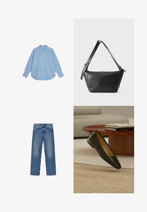 Camisa de botones azul claro con rayas verticales blancas, de mangas largas, un ajuste holgado y un bolsillo en el pecho. La tela parece suave y lisa.; Vaqueros vaqueros azules de pierna recta con botón y cremallera frontales, cinco bolsillos y un ligero desgaste en los muslos y las rodillas.; Zapato plano de cuero negro con punta cuadrada redondeada sobre una alfombra beige tejida, con mesa de café de madera y libros apilados en el fondo.; Bolso de cuero negro para hombro con una correa ancha ajustable y hebilla plateada, exhibido sobre un fondo claro y liso.