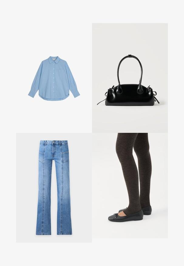 Camisa de botones azul claro con rayas verticales blancas, de mangas largas, un ajuste holgado y un bolsillo en el pecho. La tela parece suave y lisa.; Vaqueros de mezclilla azul claro con tiro alto, botón delantero, cremallera, detalles en las costuras y piernas ligeramente acampanadas sobre un fondo liso.; Piernas con leggings oscuros acanalados combinados con bailarinas negras que presentan pequeños detalles de lazo sobre un fondo blanco.; Pequeño bolso negro brillante con dos asas largas y detalles de cordón lateral sobre un fondo claro liso.