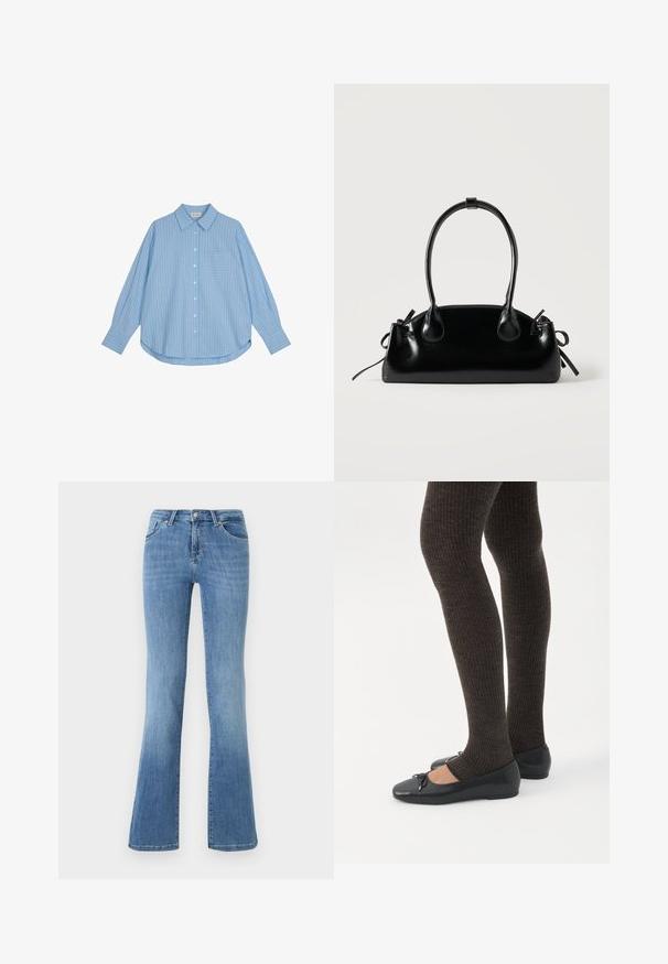 Lichtblauw overhemd met witte verticale strepen, lange mouwen, een losse fit en een borstzak. De stof lijkt glad en zacht.; Lichtblauwe flared jeans van denim, met vijf zakken, rits aan de voorkant en knoopsluiting. Verbleekte patroon op de bovenbenen en de zoom.; Benen met donkere geribbelde leggings gecombineerd met zwarte ballerina's met kleine strikdetails op een witte achtergrond.; Kleine zwarte glanzende handtas met twee lange hengsels en zijkant trekkoord details op een effen lichte achtergrond.