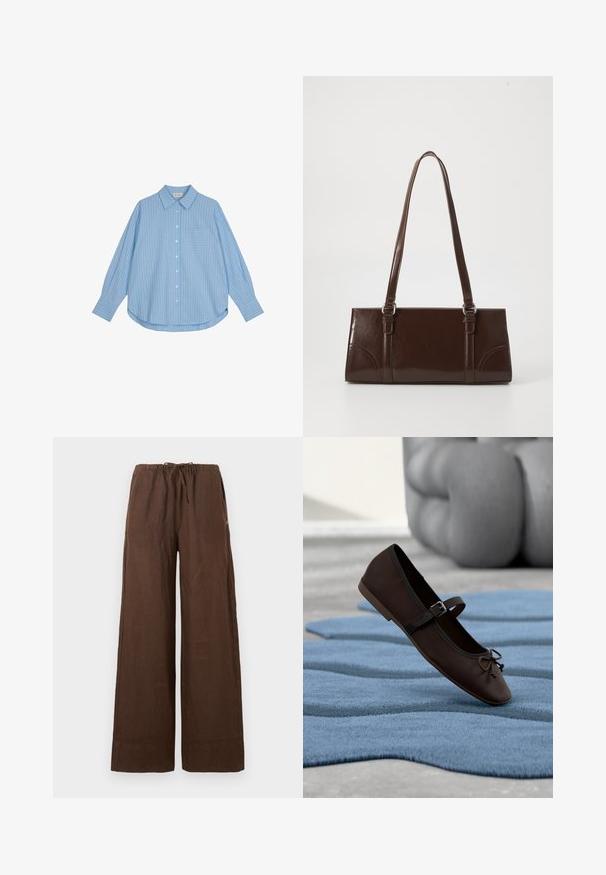 Camisa de botones azul claro con rayas verticales blancas, de mangas largas, un ajuste holgado y un bolsillo en el pecho. La tela parece suave y lisa.; Pantalones marrones de pierna ancha con cintura elástica y cordón, hechos de tela ligera, mostrados planos sobre un fondo claro.; Zapato plano Mary Jane de color marrón oscuro con hebilla y detalle de lazo, descansando sobre una alfombra texturizada azul ondulada y un sofá acolchado gris al fondo.; Bolso de mano de piel sintética marrón con forma rectangular, dos asas largas y sutiles acentos curvados en la parte delantera.