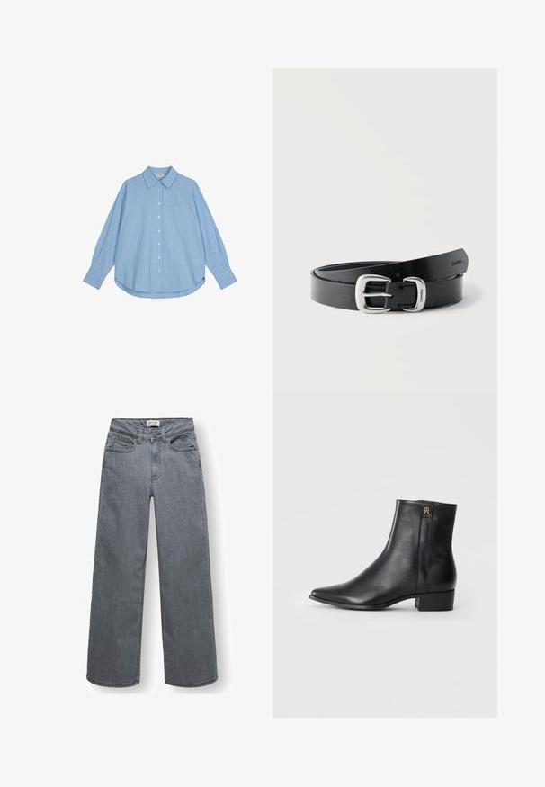 Lichtblauw overhemd met witte verticale strepen, lange mouwen, een losse fit en een borstzak. De stof lijkt glad en zacht.; Grijze denim jeans met rechte pijpen, voorzakken, riemlussen en knoopsluiting, platliggend afgebeeld tegen een witte achtergrond.; Zwarte leren enkellaarzen met een puntige neus, een gladde textuur, een lage blokhak en een gouden accentlogo op de zijkant.; Zwarte leren riem opgerold met zilveren metalen gesp gegraveerd met "Calvin Klein" tegen een effen witte achtergrond.
