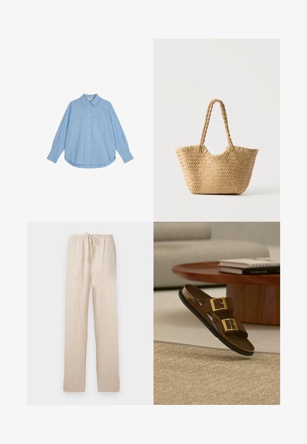 Lichtblauw overhemd met witte verticale strepen, lange mouwen, een losse fit en een borstzak. De stof lijkt glad en zacht.; Lichtbeige losse broek met elastische tailleband en trekkoord, rechte pijpen, gemaakt van lichtgewicht stof.; Bruine slip-sandalen met dubbele band en gouden gespen, zwevend boven een gestructureerd beige kleed, nabij een houten salontafel en een lichte bank.; Gevlochten strooien tote tas met brede bodem, gevlochten handvatten en natuurlijke beige kleur op een effen witte achtergrond.