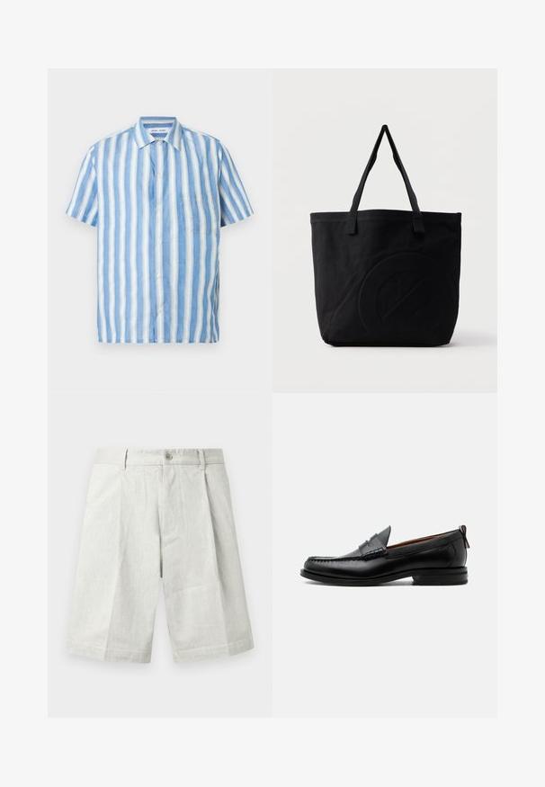 Chemise à manches courtes à rayures verticales bleu clair et blanc, en lin, avec col pointu et une poche poitrine unique.; Shorts gris clair en tissu texturé, dotés d'une fermeture à bouton, de plis et d'une coupe droite, adaptés à une tenue décontractée.; Mocassin homme en cuir noir avec couture moc toe, bride penny, col texturé et petit talon empilé sur fond blanc.; Sac fourre-tout en toile noire avec deux bandoulières et un motif circulaire discret en relief sur le devant.