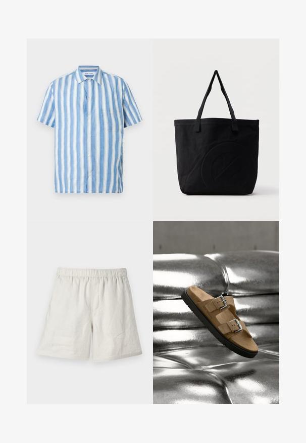 Kortærmet skjorte i lyseblå og hvide lodrette striber, lavet af hør med en spids krave og en enkelt brystlomme.; Lysbeige linnedshorts med elastisk talje, der har en afslappet pasform og minimale sømme for et simpelt, afslappet design.; Brun ruskindssandal med to sølvspænder, svævende over en blank sølv tuftet overflade, der viser sorte sål- og indersålsdetaljer.; Sort canvas-tote-taske med to skulderstropper og et diskret præget cirkeldesign på fronten.
