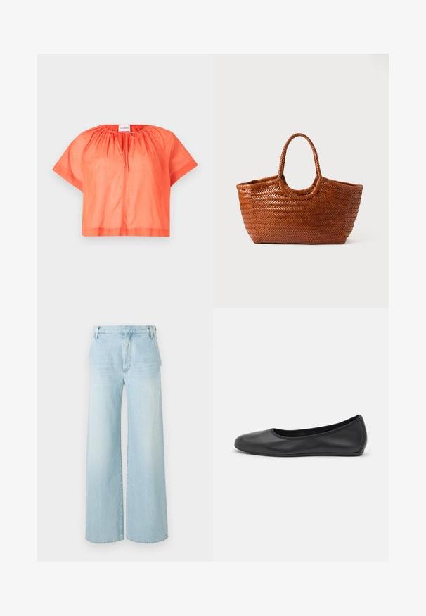Top court à manches courtes de couleur orange vif, en tissu léger. Il présente un col rond avec un détail froncé et une fermeture à nouer à l'avant.; Jeans large en denim bleu clair. Caractéristiques : taille haute, design à cinq poches et décoloration subtile avec un ourlet propre.; Ballerines en cuir noir avec un bout rond, texture lisse, détails de couture minimalistes et design de semelle flexible.; Sac fourre-tout tissé de couleur marron avec une forme large, des poignées tressées et une surface texturée. Il présente un sommet arrondi et un intérieur ouvert.