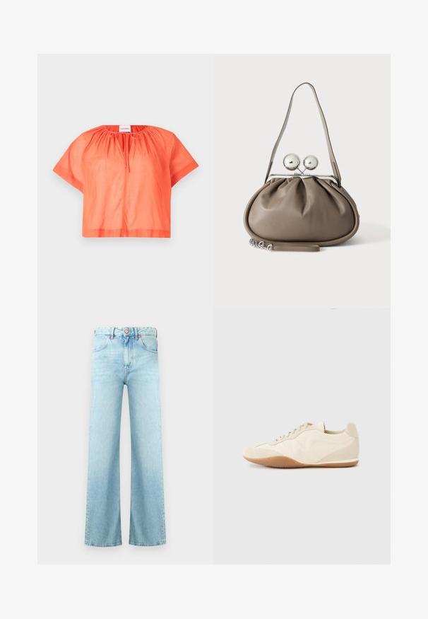Top court à manches courtes de couleur orange vif, en tissu léger. Il présente un col rond avec un détail froncé et une fermeture à nouer à l'avant.; Jean en denim bleu clair à taille haute, fermeture à bouton, poches avant et jambes larges et droites.; Baskets beige clair avec une tige en cuir texturé, des panneaux latéraux texturés et une semelle en caoutchouc. Dotées d'un design fin et épuré ainsi que de lacets plats.; Sac à main en cuir gris de forme arrondie, fermeture supérieure avec deux grandes sphères argentées, et une seule anse.