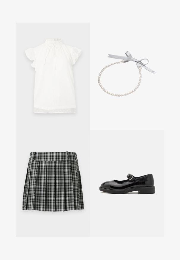 Top blanco de manga corta con un cuello alto fruncido y detalle de lazo. Presenta una tela texturizada con pequeños patrones de puntos y mangas con volantes.; Falda plisada de cuadros en blanco y negro con una cintura suave y múltiples pliegues verticales. Fabricada en un tejido ligero.; Zapato Mary Jane de charol negro con puntera redonda, correa con hebilla ajustable, tacón bajo en bloque y acabado liso y brillante.; Collar de perlas de una sola hilera con una cinta de satén blanca y lisa atada en un lazo sobre un fondo blanco.
