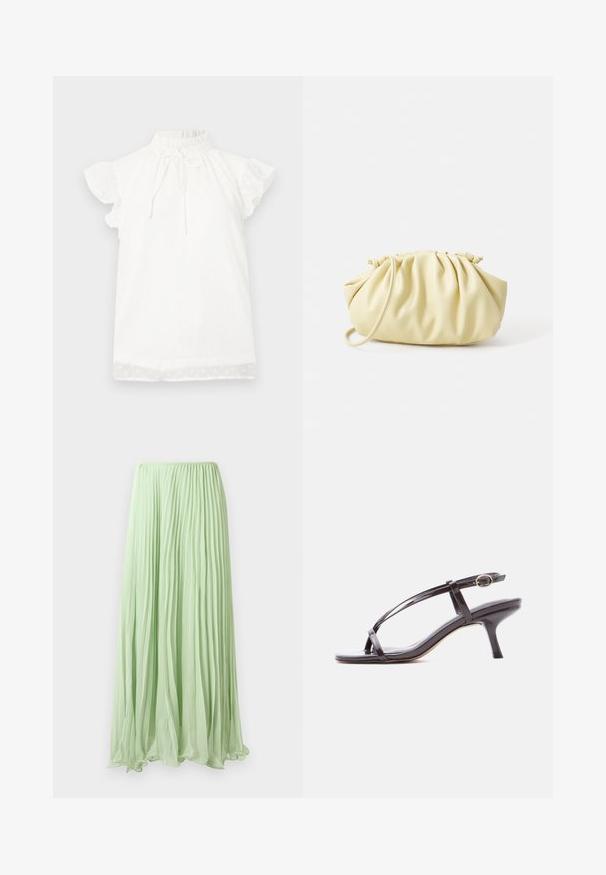 Haut blanc à manches courtes avec un col montant froncé et un détail de nœud. Doté d'un tissu texturé avec de petits motifs en pointillés et des manches volantes.; Jupe longue plissée vert clair avec un tissu fluide et une taille élastique, présentée sur un fond blanc.; Sandale à talon kitten en cuir verni noir avec fines brides croisées et une petite boucle dorée sur la bride de cheville.; Sac à main plissé jaune en simili cuir lisse, arborant une forme douce avec une bandoulière unique et un design froncé sur le dessus.
