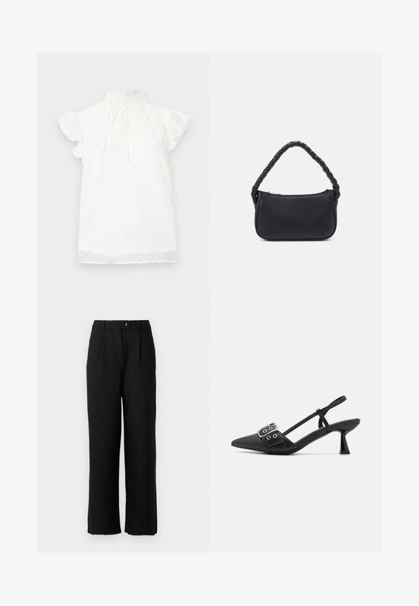 Top blanco de manga corta con un cuello alto fruncido y detalle de lazo. Presenta una tela texturizada con pequeños patrones de puntos y mangas con volantes.; Pantalones negros hechos de una tela suave, con un diseño de pierna recta, pliegues frontales y un cierre de botón estándar en la cintura.; Simmi London DALA - Tacones - black; Bolso negro de forma redondeada, hecho de material liso. Presenta un asa trenzada y un cierre de cremallera para un almacenamiento seguro.