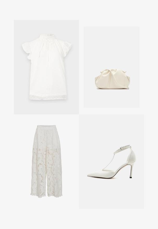 Top blanco de manga corta con un cuello alto fruncido y detalle de lazo. Presenta una tela texturizada con pequeños patrones de puntos y mangas con volantes.; Culottes de encaje blanco con un patrón floral, cintura elástica y un diseño de pierna ancha. El dobladillo tiene un borde con forma de ola para un detalle adicional.; Zapato de tacón alto blanco con punta puntiaguda, tira fina en el tobillo con hebilla, acabado liso y tacón de aguja delgado sobre un fondo liso.; Bolso de mano de cuero suave de color crema con diseño fruncido y plisado y una delgada correa para el hombro que descansa delante sobre un fondo liso.