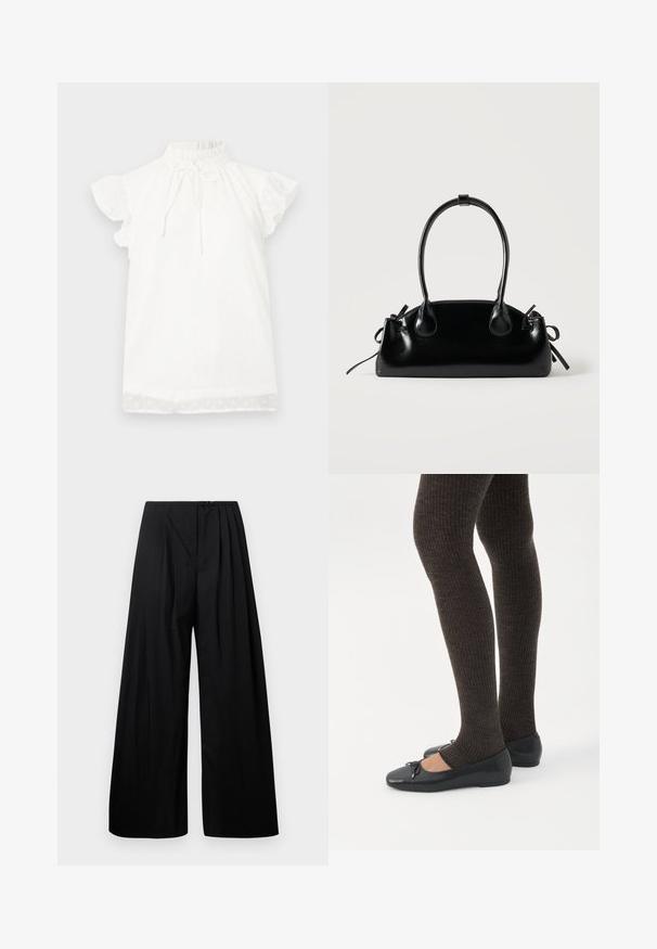 Top blanco de manga corta con un cuello alto fruncido y detalle de lazo. Presenta una tela texturizada con pequeños patrones de puntos y mangas con volantes.; Pantalones de pierna ancha negros con cintura alta, que cuentan con pliegues verticales y cierre de botón. Textura suave, diseño minimalista.; Piernas con leggings oscuros acanalados combinados con bailarinas negras que presentan pequeños detalles de lazo sobre un fondo blanco.; Pequeño bolso negro brillante con dos asas largas y detalles de cordón lateral sobre un fondo claro liso.