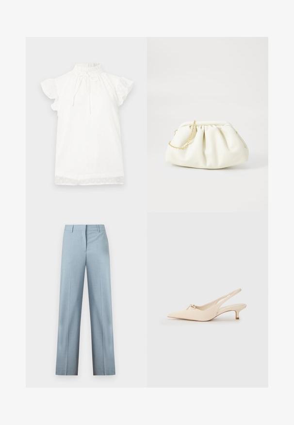 Top blanco de manga corta con un cuello alto fruncido y detalle de lazo. Presenta una tela texturizada con pequeños patrones de puntos y mangas con volantes.; Pantalones de sastre azul claro con piernas rectas, trabillas para cinturón y cierre frontal oculto, mostrados sobre un fondo blanco.; Zapatos slingback de punta fina en cuero blanco roto, con un pequeño detalle de lazo y un tacón kitten bajo. Textura suave, diseño minimalista.; Bolso de mano de cuero blanco con un diseño recogido, cuenta con una cadena dorada y forma redondeada. Textura suave con pliegues suaves y sin patrones.