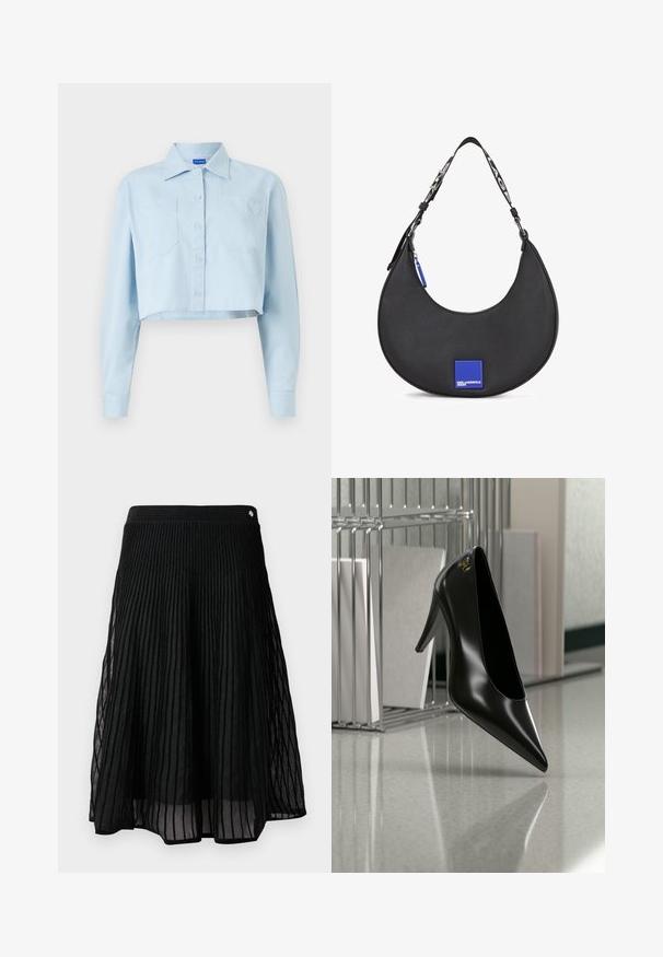 Camisa cortada de color azul claro hecha de algodón suave. Cuenta con un cuello puntiagudo, cierre frontal de botones, dos bolsillos en el pecho y bordado de un corazón en uno de los bolsillos.; Falda negra plisada hecha de tela transparente, con rayas verticales, una cintura ancha y una silueta ligeramente acampanada.; Zapato de tacón alto negro con punta afilada y logo dorado, colocado sobre una superficie reflectante cerca de un organizador de archivos de alambre cromado con documentos.; Bolso de hombro de cuero negro con una silueta curva, que presenta un acento de logo cuadrado azul y una correa de contraste con texto.