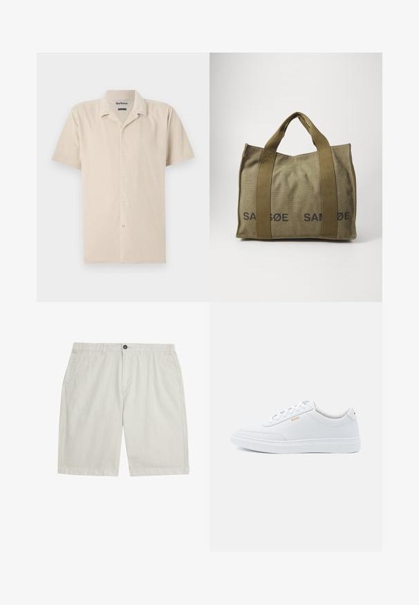 Beige Kurzarmhemd aus weichem Stoff mit Knopfleiste, klassischem Kragen und subtiler Textur.; Hellbeige knielange Shorts mit Fronttaschen, Gürtelschlaufen, Knopfverschluss und sauberem, glattem Stoff.; Weiße Leder-Sneaker mit glatter Textur, runder Zehenpartie und tonal abgestepptem Design. Mit blauen Schnürsenkeln und einem goldenen Logo an der Seite.; Olivgrüne Stoff-Tote mit kräftigem schwarzen "SAMSØE"-Text, ausgestattet mit zwei stabilen, gewebten Griffen und einer strukturierten rechteckigen Form.