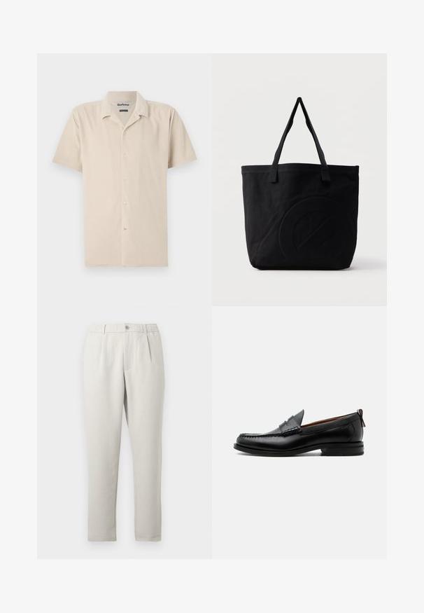 Beige Kurzarmhemd aus weichem Stoff mit Knopfleiste, klassischem Kragen und subtiler Textur.; Hellbeige, lässige Hose mit leichtem Glanz, ausgestattet mit elastischem Bund, vorderen Taschen und einem schmal zulaufenden Bein.; Schwarzer Leder-Herrenschuh mit Mokassinnaht, Penny-Riemen, strukturiertem Kragen und niedrigem gestapeltem Absatz auf weißem Hintergrund.; Schwarze Canvas-Shopper-Tasche mit zwei Schulterriemen und einem dezenten, eingeprägten kreisförmigen Design auf der Vorderseite.