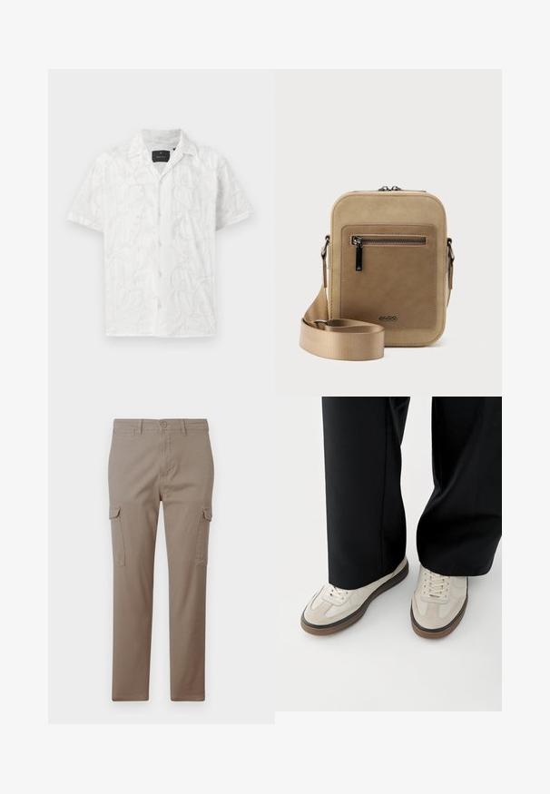 Hvid kortærmet skjorte med delikat broderi af blad- og blomstermønstre. Bemærkelsesværdige detaljer inkluderer en frontknaplukning og en krave.; Jack & Jones Cargo Tapered Fit - Cargobukser - brindle; Fødder iført beige sneakers med brune såler og sorte bukser med vide ben på hvid baggrund.; Lille beige crossbody-taske med lynlåslomme foran, metal ALDO-logo, justerbar bred rem og rundet rektangulær form på hvid baggrund.