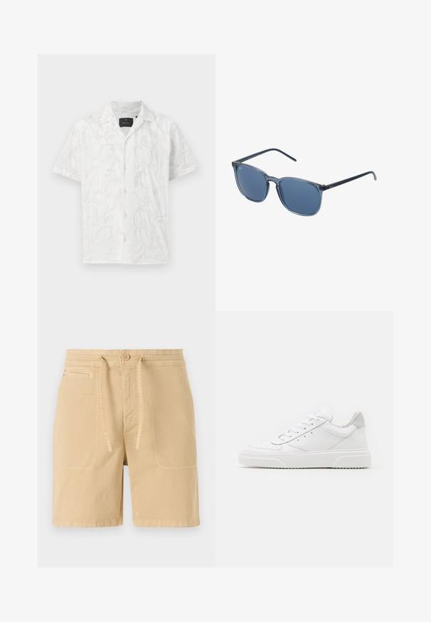 Valkoinen lyhythihainen paita, jossa on hienovaraisia kirjailuja lehti- ja kukkakuoseista. Huomionarvoisia yksityiskohtia ovat etuvipukkeet ja kaulus.; Beige shorts made of cotton, featuring a drawstring waist, front pockets, and visible stitching. Simple and casual design.; Valkoiset nahkakengät, joissa on sileä pinta, pyöreä kärki, litteät nauhat ja teksturoitu pohja. Harmaa mokkanahka korostaa kantapäätä.; Siniset suorakaiteen muotoiset aurinkolasit, joissa on harmaasävyiset linssit, muovikehys, metalliset yksityiskohdat ja matta viimeistely varsissa.